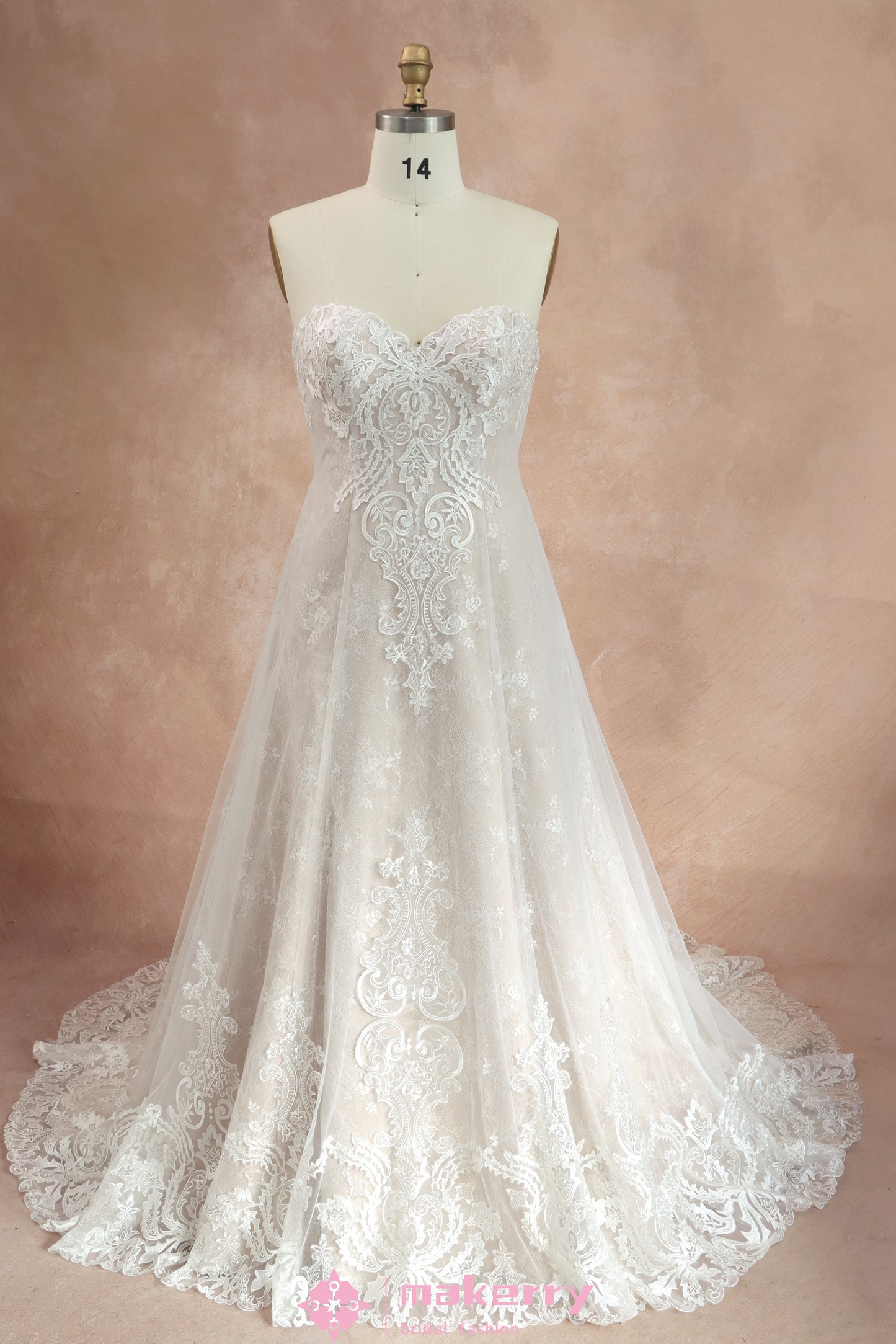 Strapless Sweetheart Pink Nude Lace Wedding Dress