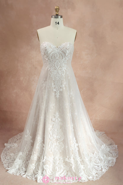 Strapless Sweetheart Pink Nude Lace Wedding Dress