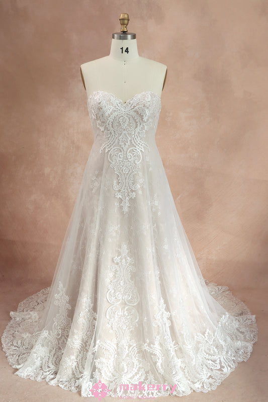 Strapless Sweetheart Pink Nude Lace Wedding Dress