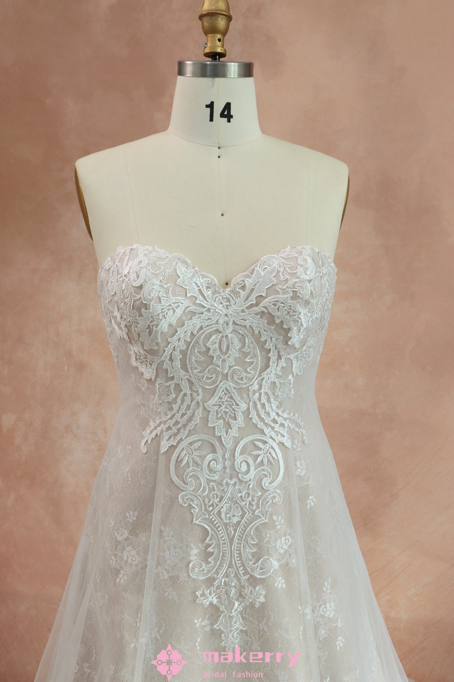 Strapless Sweetheart Pink Nude Lace Wedding Dress