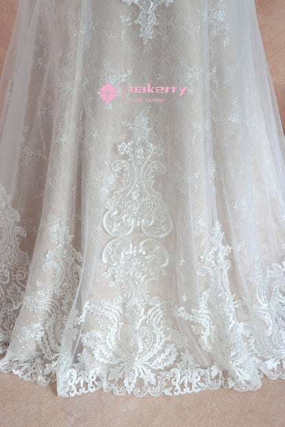 Strapless Sweetheart Pink Nude Lace Wedding Dress