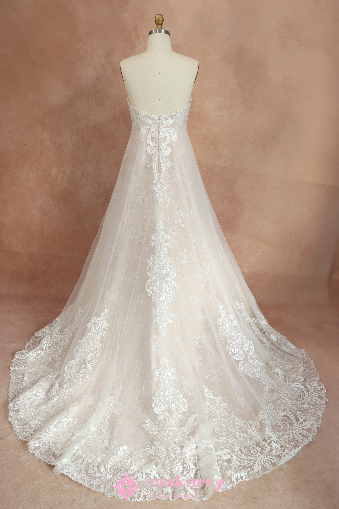 Strapless Sweetheart Pink Nude Lace Wedding Dress