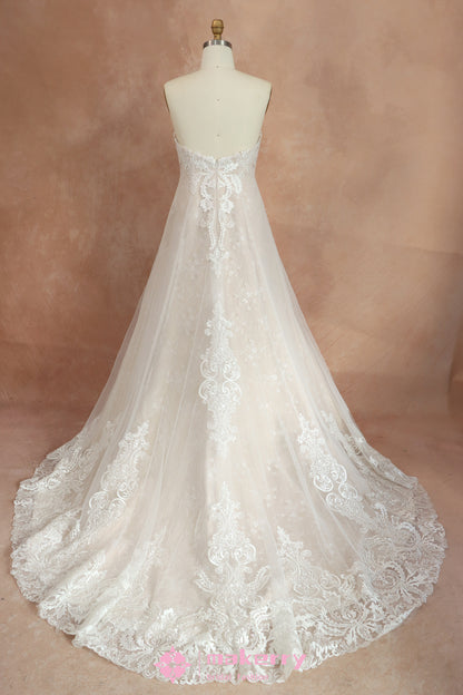 Strapless Sweetheart Pink Nude Lace Wedding Dress