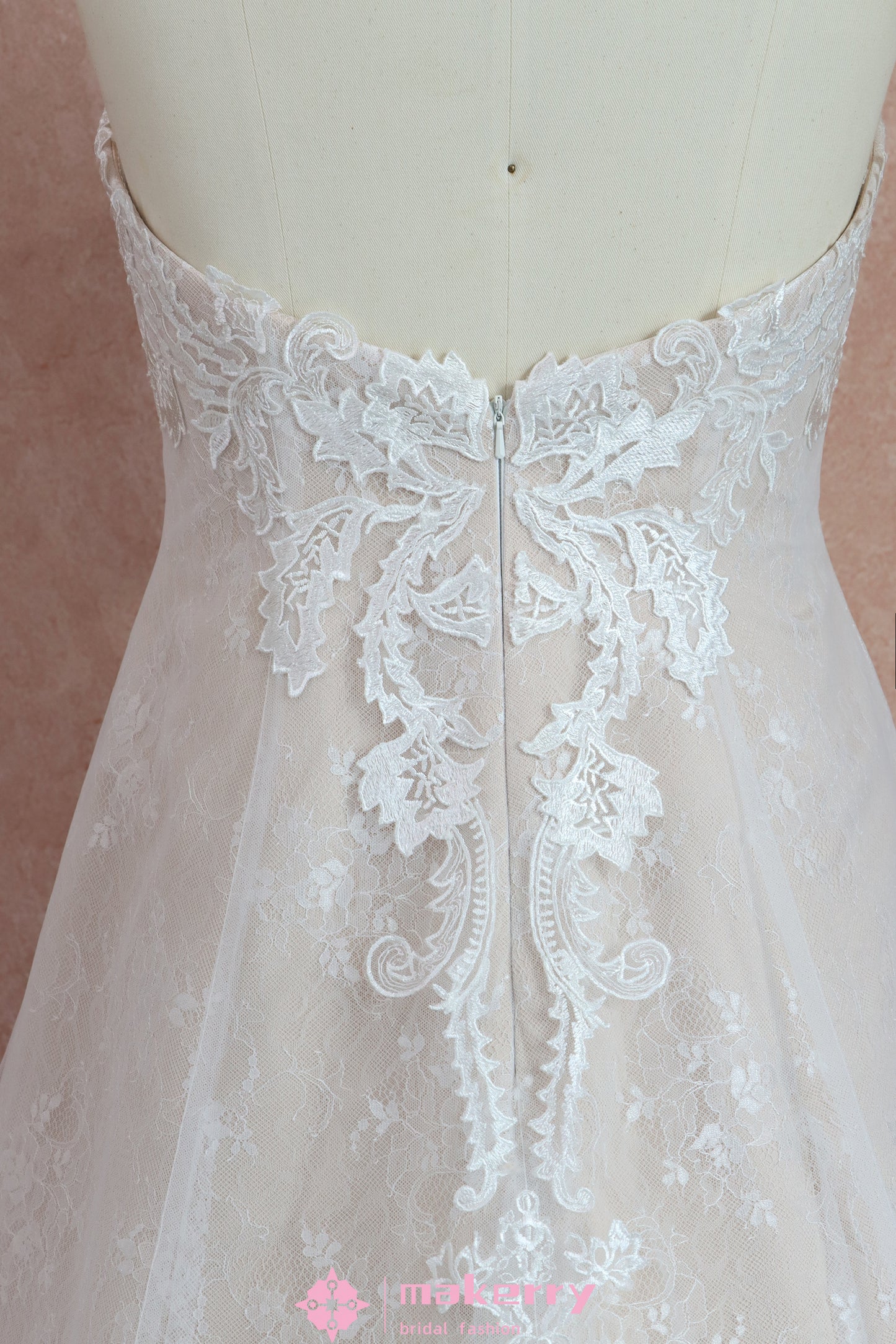 Strapless Sweetheart Pink Nude Lace Wedding Dress