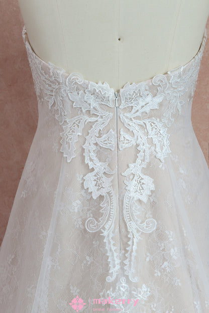 Strapless Sweetheart Pink Nude Lace Wedding Dress