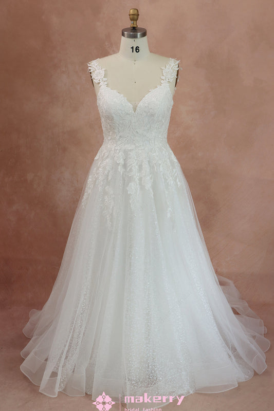 Cream White Sequins & Lace Pearl Pink Wedding Gown