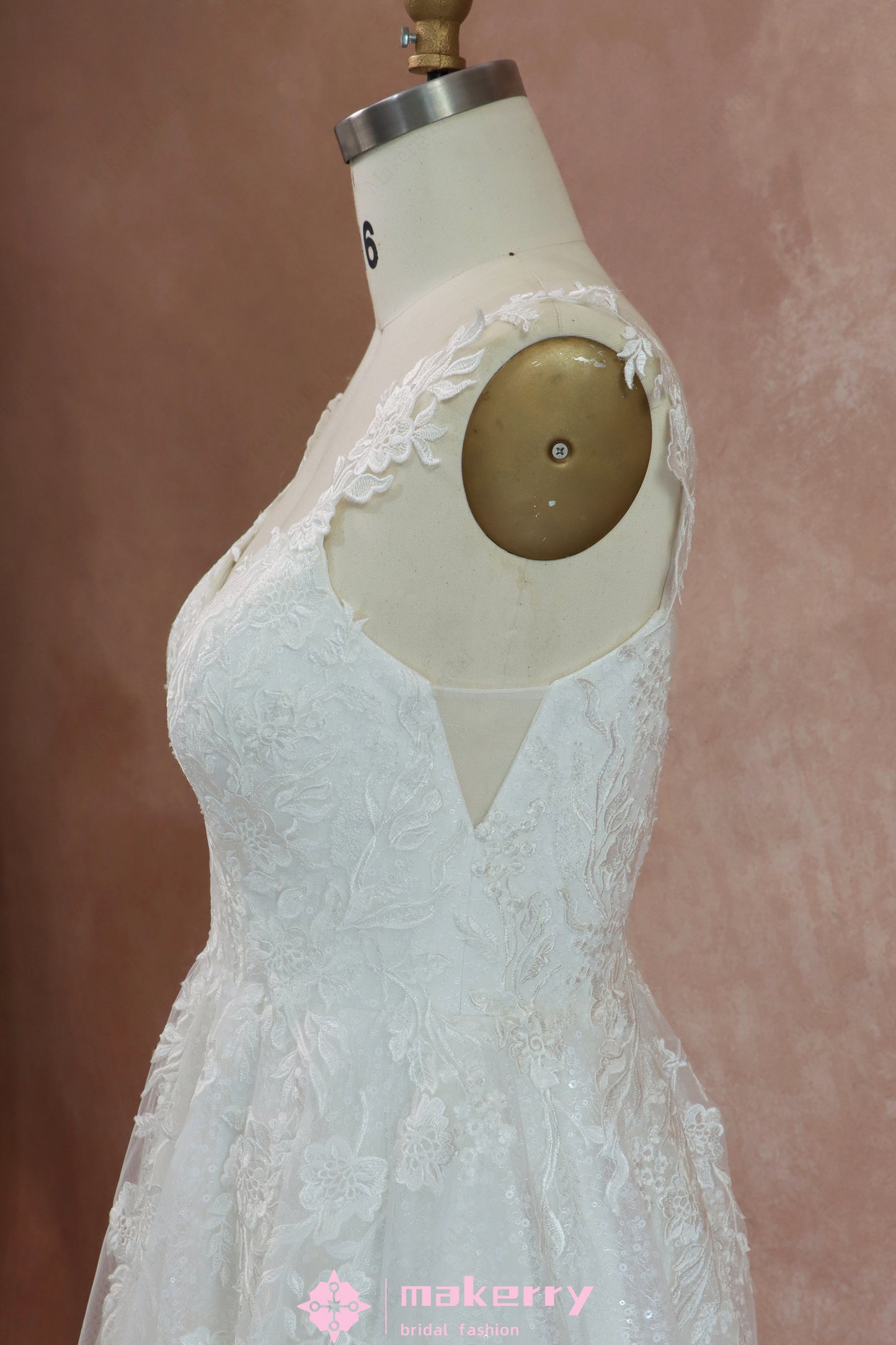 Cream White Sequins & Lace Pearl Pink Wedding Gown