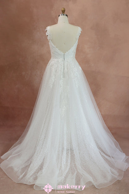 Cream White Sequins & Lace Pearl Pink Wedding Gown