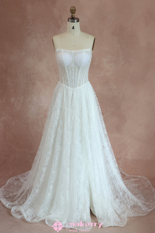 Sexy Sparkling Strapless A-Line Wedding Dress with Basque Waist
