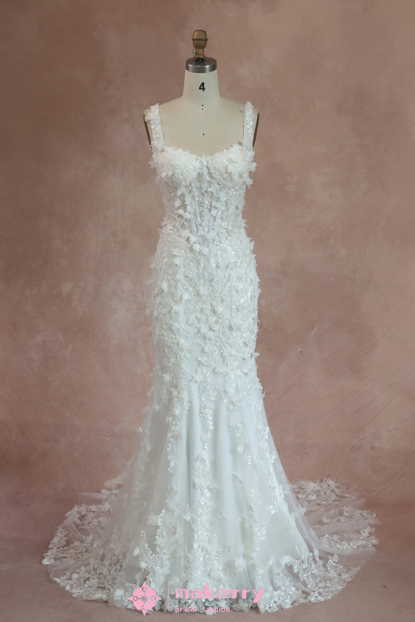 Stunning Bead Detailing And Soft 3D Floral Lace Bridal Gown