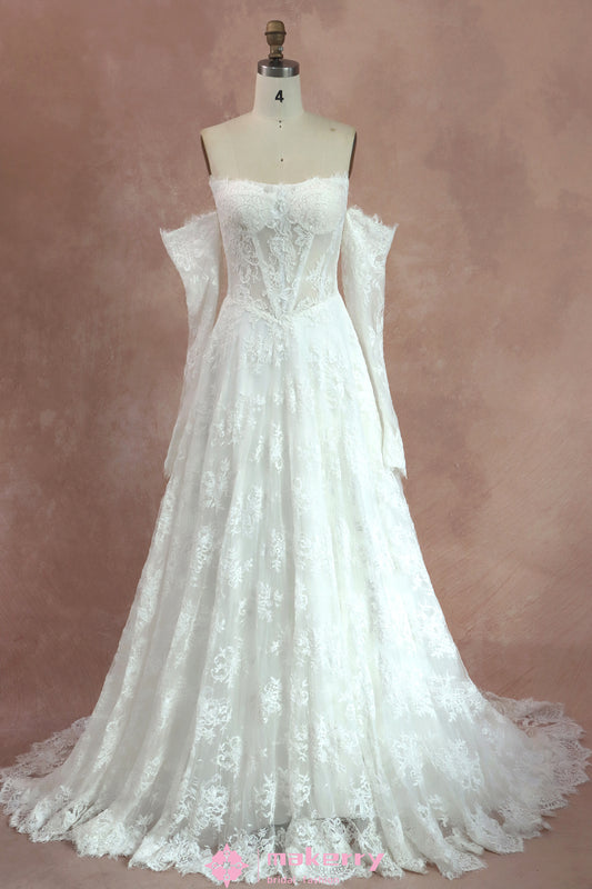Romantic Vintage Lace Corset Wedding Dress with Off-Shoulder Sleeves