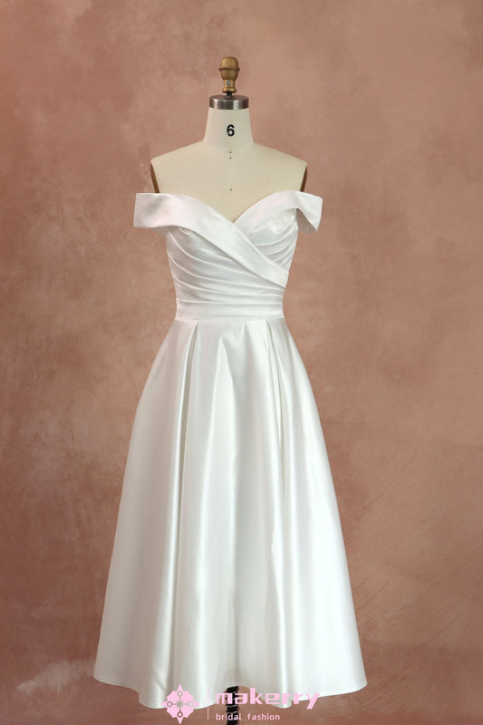 A-line Off-the-Shoulder Tea-length Satin Wedding Dress