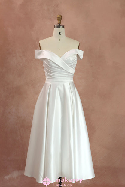 A-line Off-the-Shoulder Tea-length Satin Wedding Dress