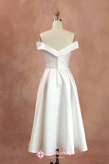 A-line Off-the-Shoulder Tea-length Satin Wedding Dress