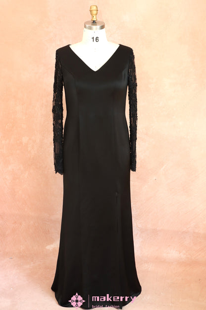 Black Evening Dress With Deep V Neckline And Long Beaded Lace Sleeves