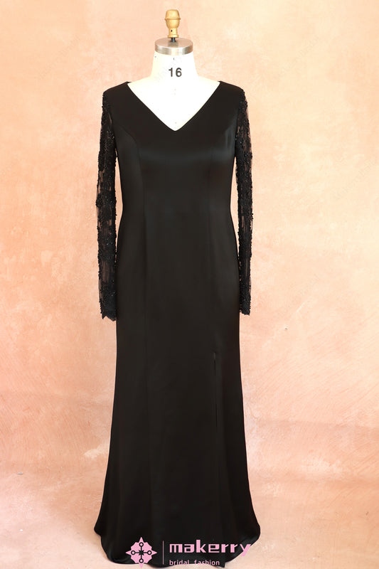 Black Evening Dress With Deep V Neckline And Long Beaded Lace Sleeves