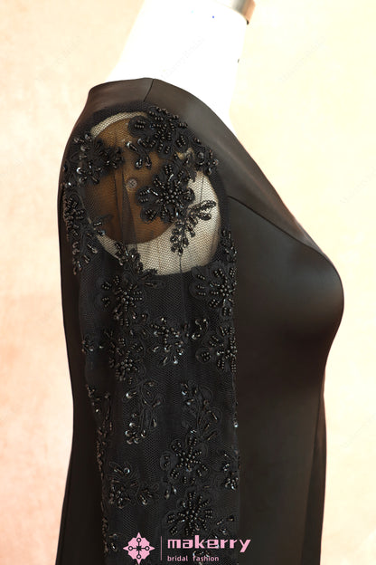 Black Evening Dress With Deep V Neckline And Long Beaded Lace Sleeves