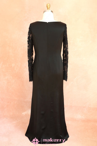 Black Evening Dress With Deep V Neckline And Long Beaded Lace Sleeves