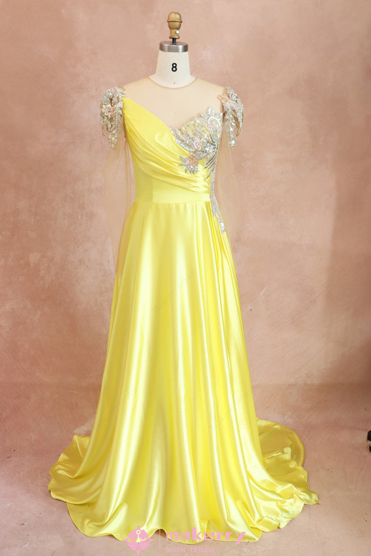 Scoop Yellow Beading Backless Long Sleeve Prom Dress