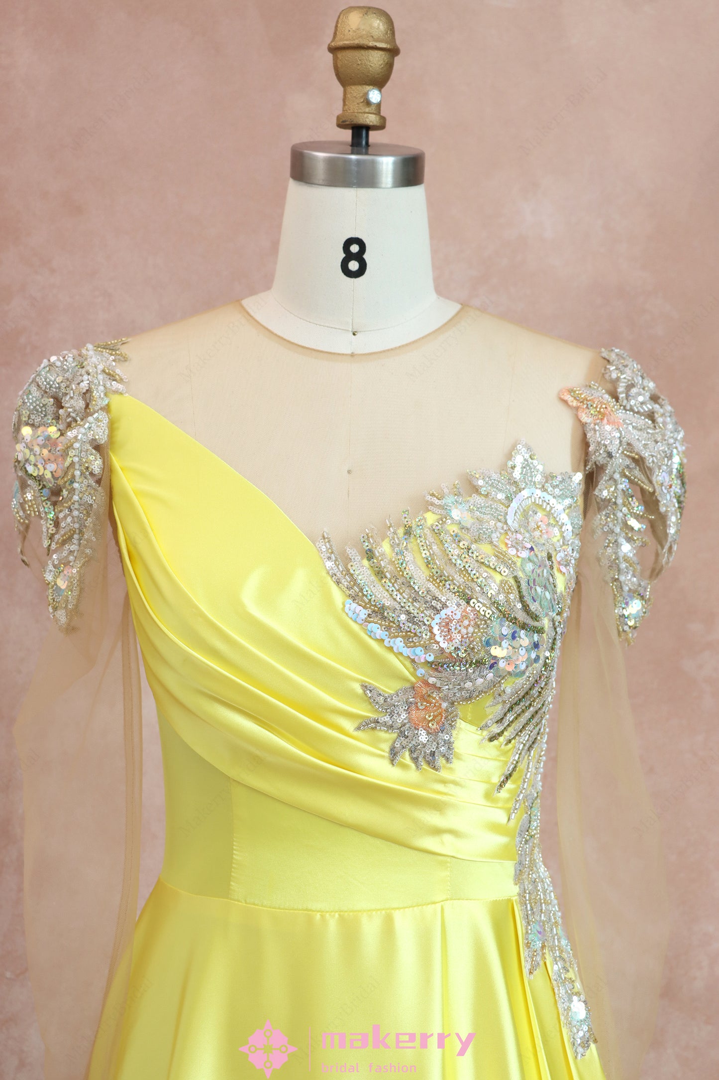 Scoop Yellow Beading Backless Long Sleeve Prom Dress
