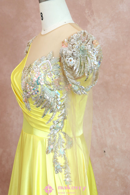 Scoop Yellow Beading Backless Long Sleeve Prom Dress