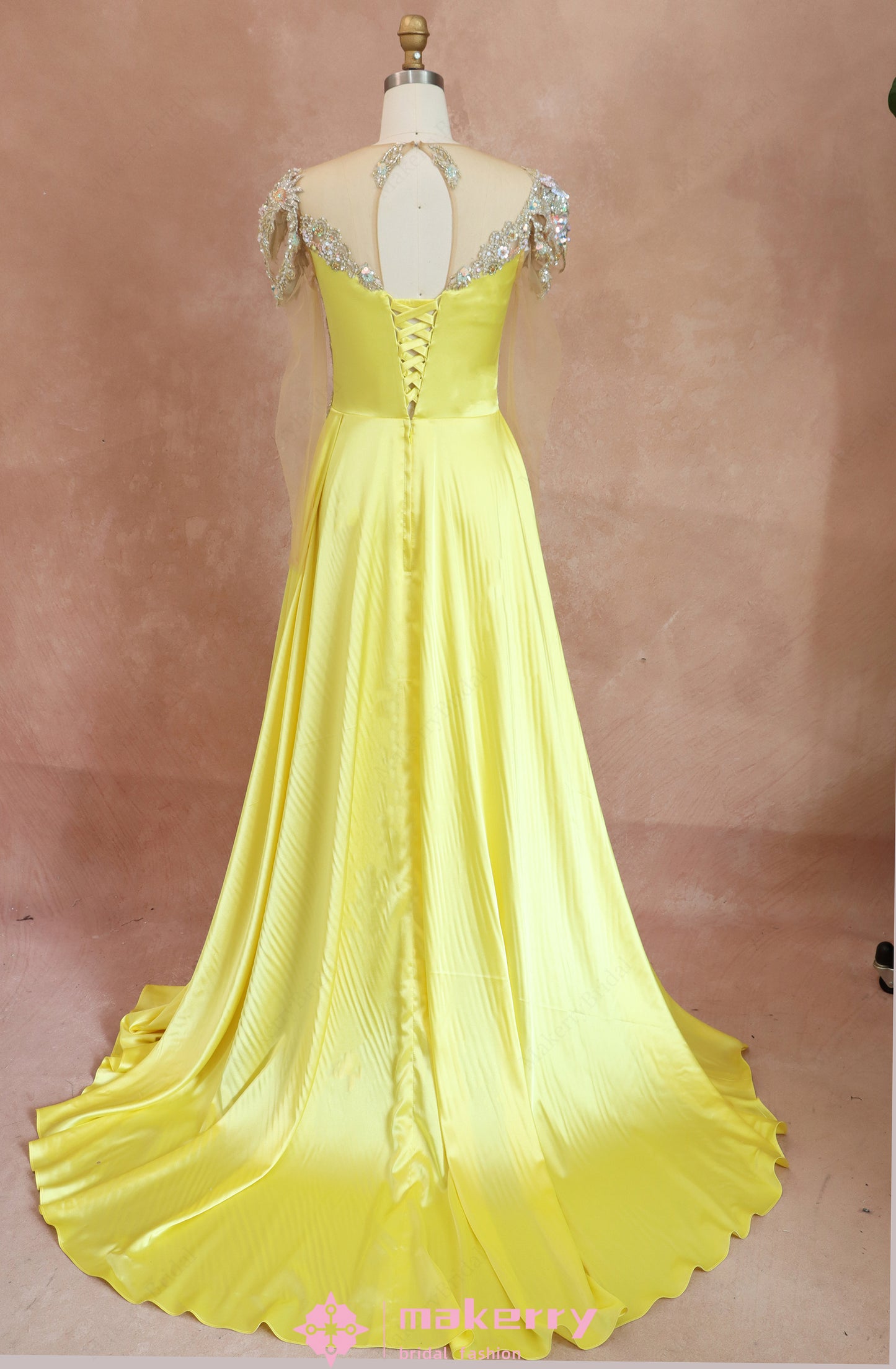 Scoop Yellow Beading Backless Long Sleeve Prom Dress