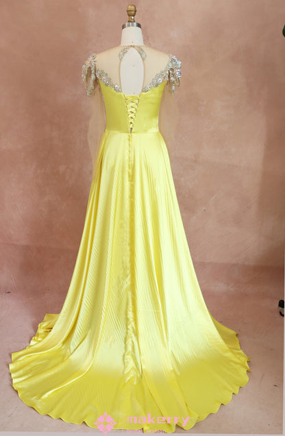 Scoop Yellow Beading Backless Long Sleeve Prom Dress