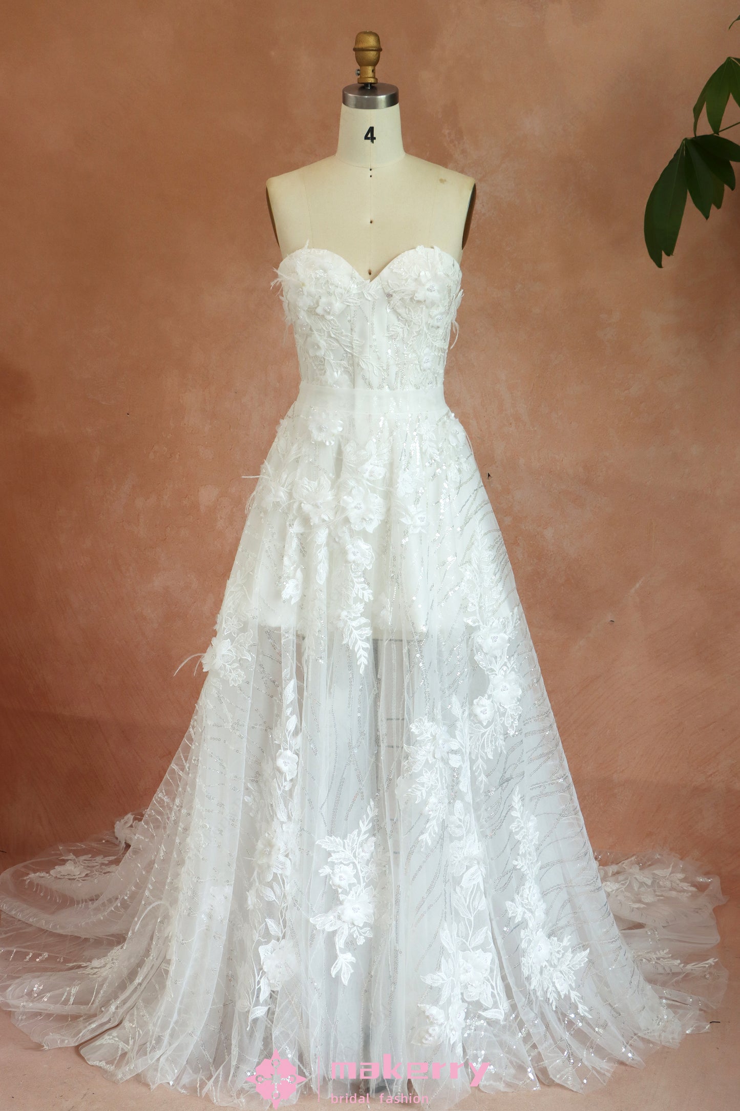 Stunningly Sequin Floral Wedding Dress With Luxurious Detachable Skirt