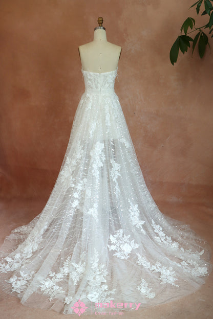 Stunningly Sequin Floral Wedding Dress With Luxurious Detachable Skirt
