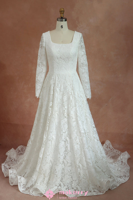 Long Sleeves Square Neck Modest Lace Bridal Gown