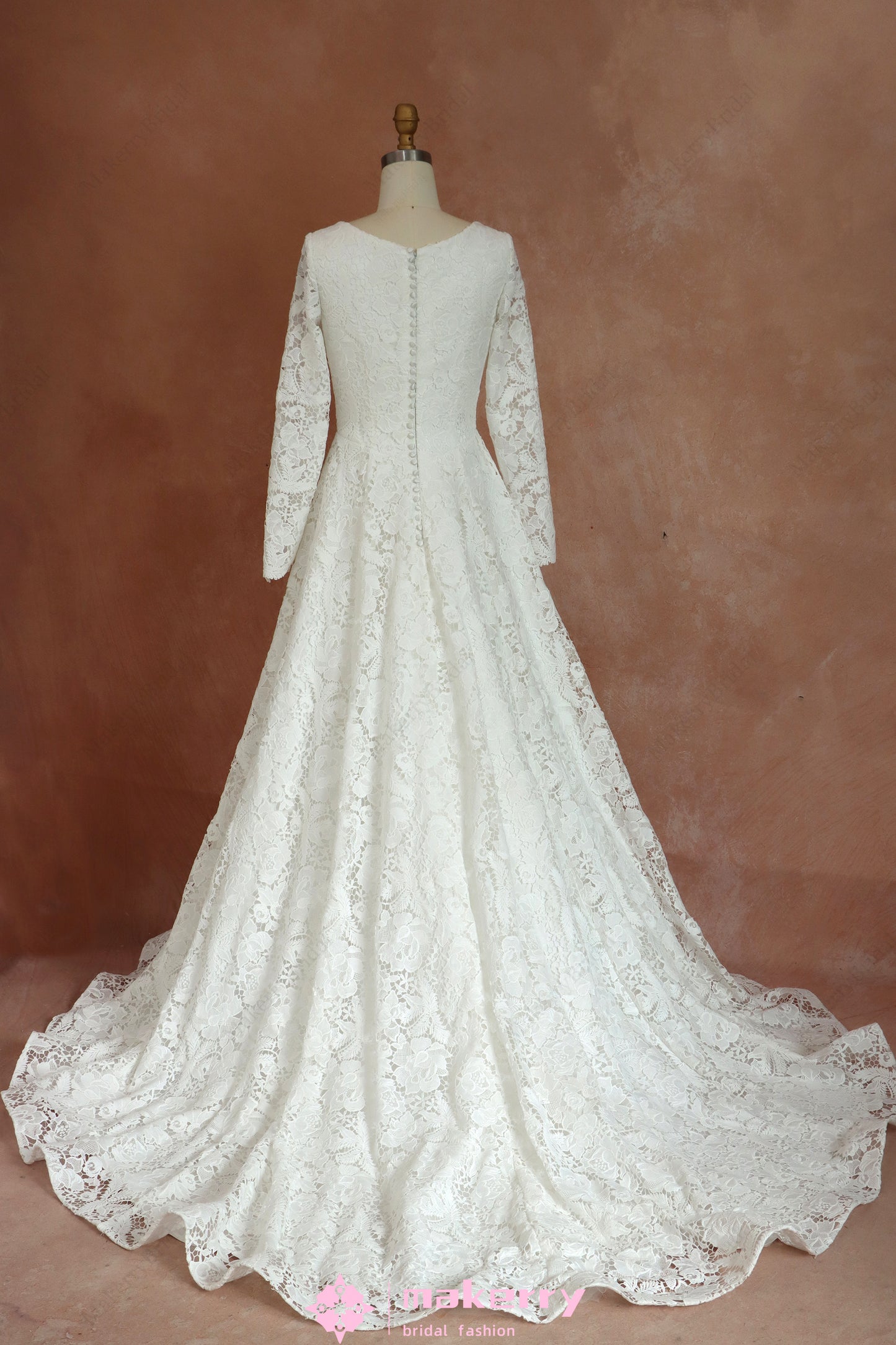 Long Sleeves Square Neck Modest Lace Bridal Gown