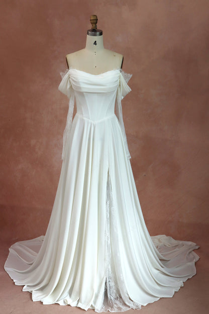 Off Shoulder Lace-up Crepe Wedding Dresses With Long Sleeves
