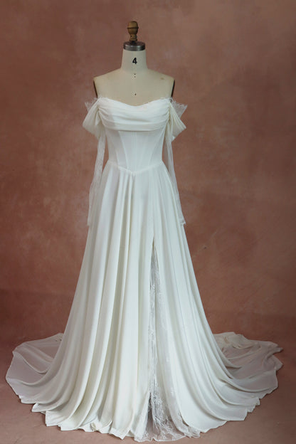 Off Shoulder Lace-up Crepe Wedding Dresses With Long Sleeves
