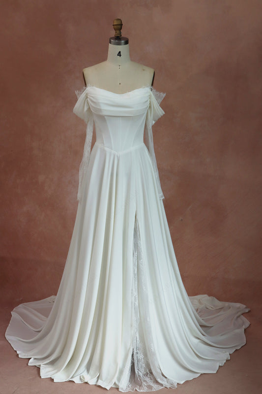 Off Shoulder Lace-up Crepe Wedding Dresses With Long Sleeves