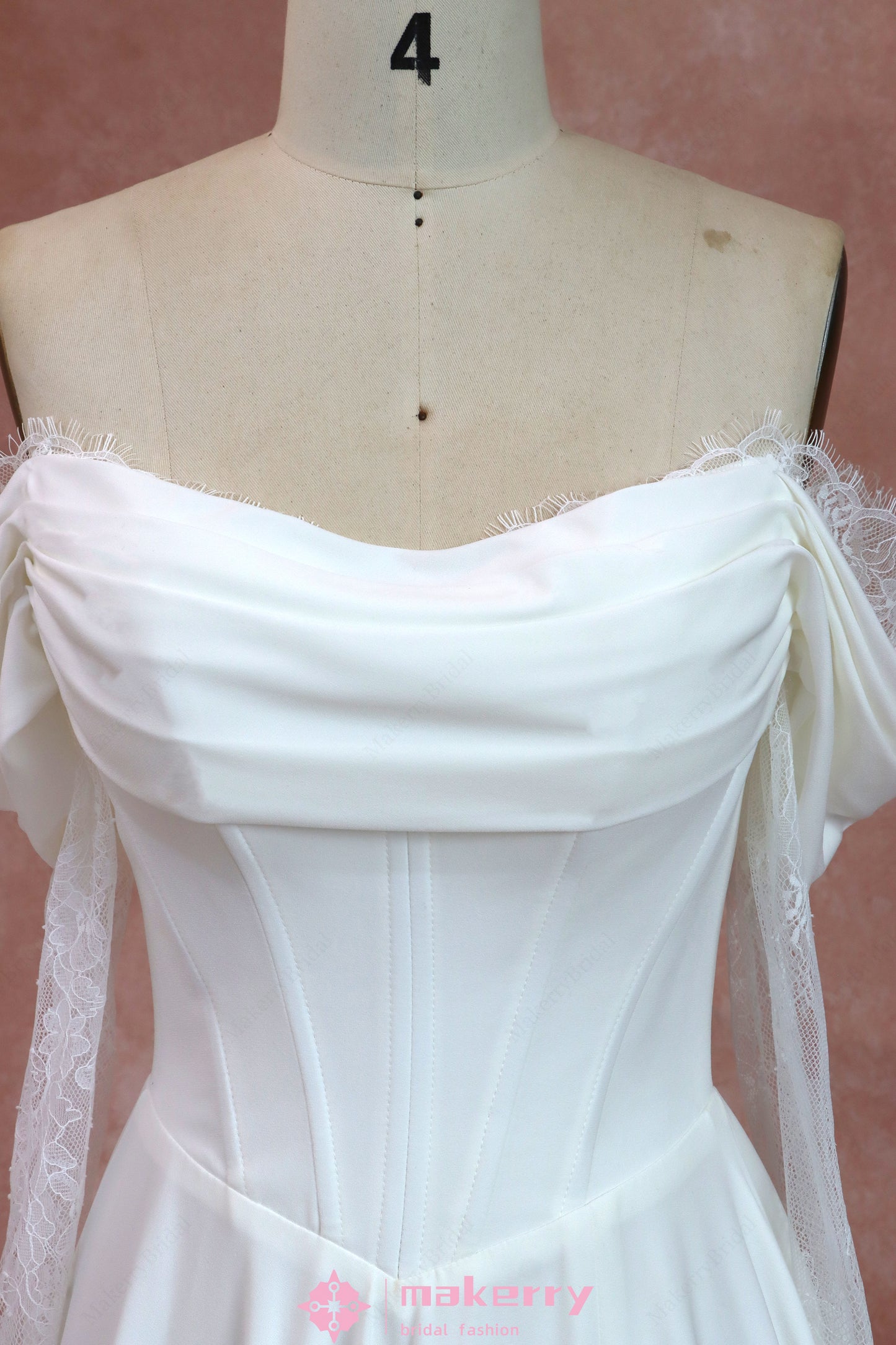 Off Shoulder Lace-up Crepe Wedding Dresses With Long Sleeves