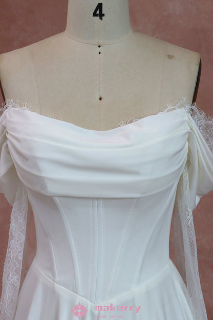Off Shoulder Lace-up Crepe Wedding Dresses With Long Sleeves