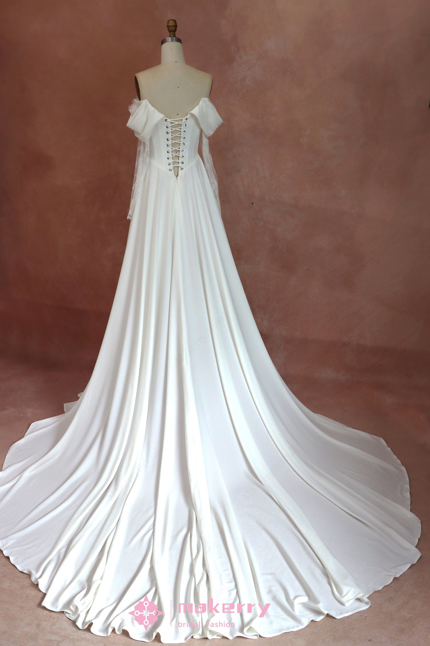 Off Shoulder Lace-up Crepe Wedding Dresses With Long Sleeves