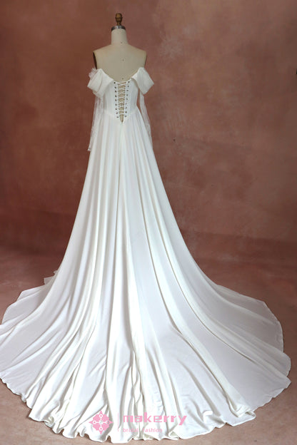 Off Shoulder Lace-up Crepe Wedding Dresses With Long Sleeves
