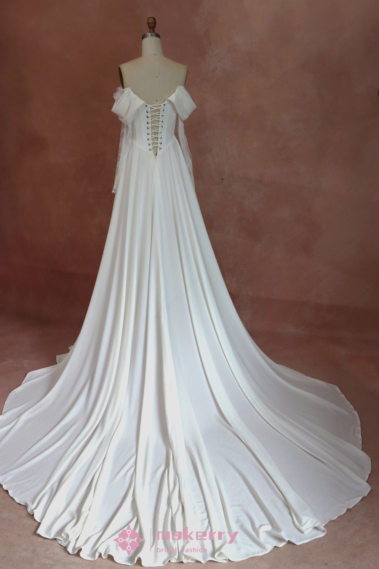 Off Shoulder Lace-up Crepe Wedding Dresses With Long Sleeves