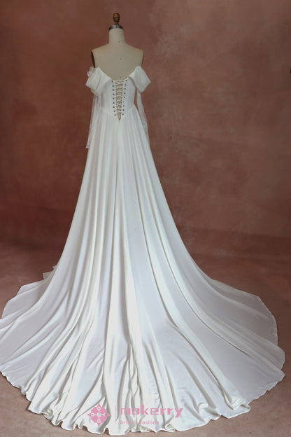 Off Shoulder Lace-up Crepe Wedding Dresses With Long Sleeves