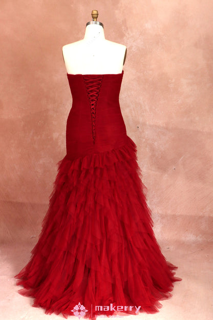 Gothic Burgundy Mermaid Prom Dress With Ruffled Tulle