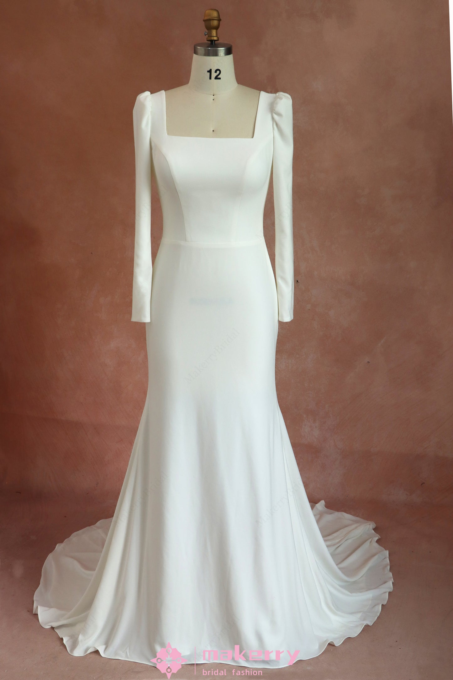 Classy Sheath Square Long Sleeves Crepe Wedding Dress