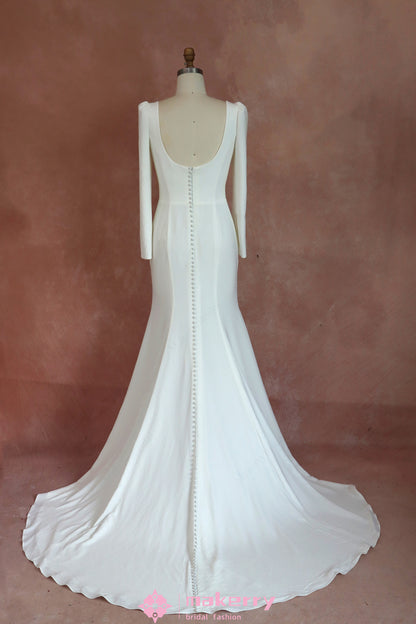 Classy Sheath Square Long Sleeves Crepe Wedding Dress