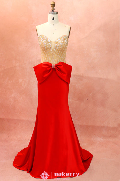 Elegant Red Triacetate Crepe Satin Evening Dress With Bow