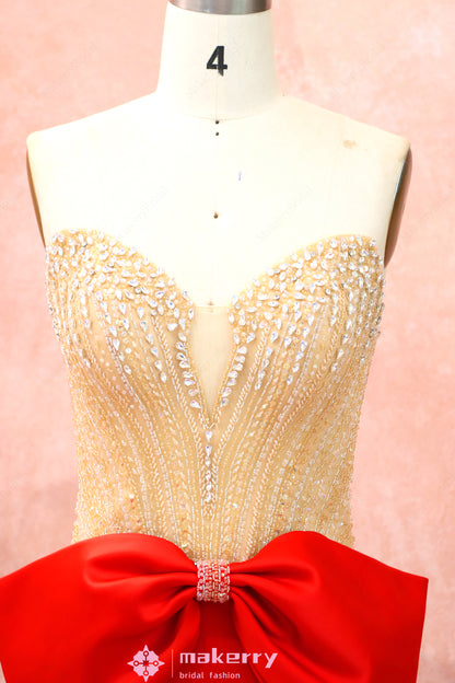 Elegant Red Triacetate Crepe Satin Evening Dress With Bow