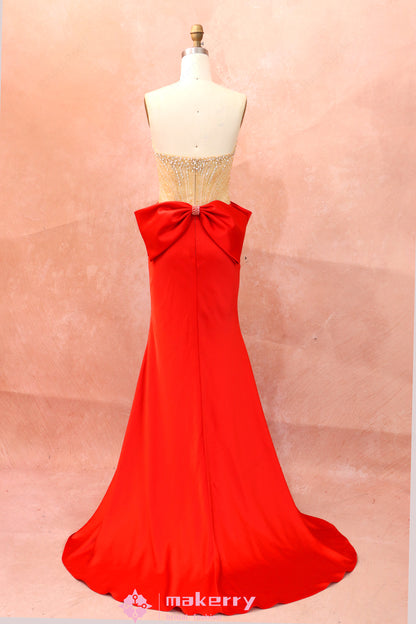 Elegant Red Triacetate Crepe Satin Evening Dress With Bow