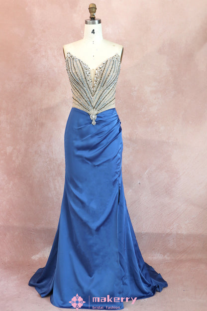 Beaded Corset Evening Gown With High Slit