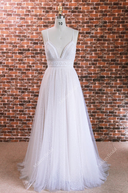 Charming Sexy Deep V Neck Lace Tulle Beach Bridal Gown