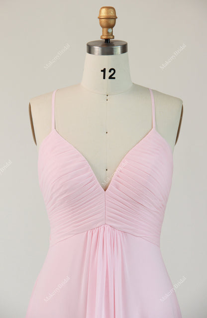 Chiffon A-line Bridesmaid Dress With a Pleated V-neck Bodice