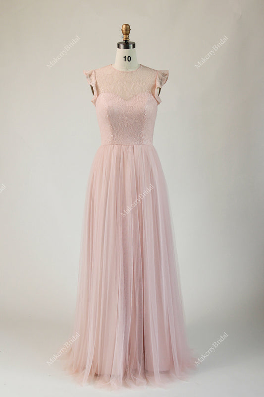 Pretty Tulle Long Bridesmaid Dress with Jewel Neckline